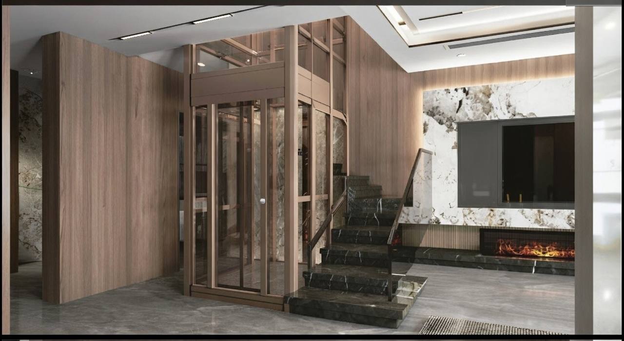Modern glass elevator in a luxury lobby